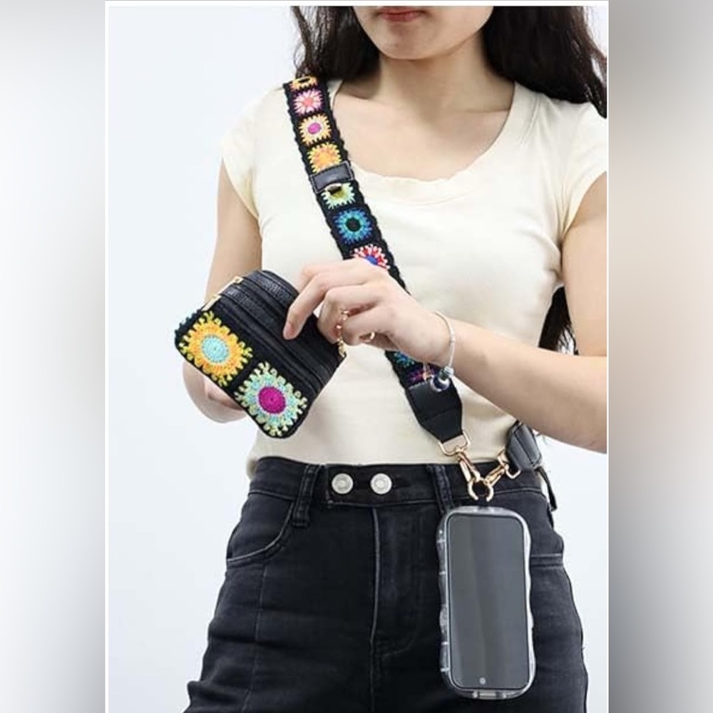 Phone Strap with Zippered Pouch -Crochet Flower Adjustable Phone Wallet Strap